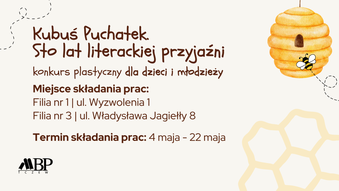 Miejska Biblioteka Publiczna w Tczewie zaprasza dzieci i młodzież w wieku 5-12 lat do wzięcia udziału w konkursie plastycznym „Kubuś Puchatek. Sto lat literackiej przyjaźni”.
